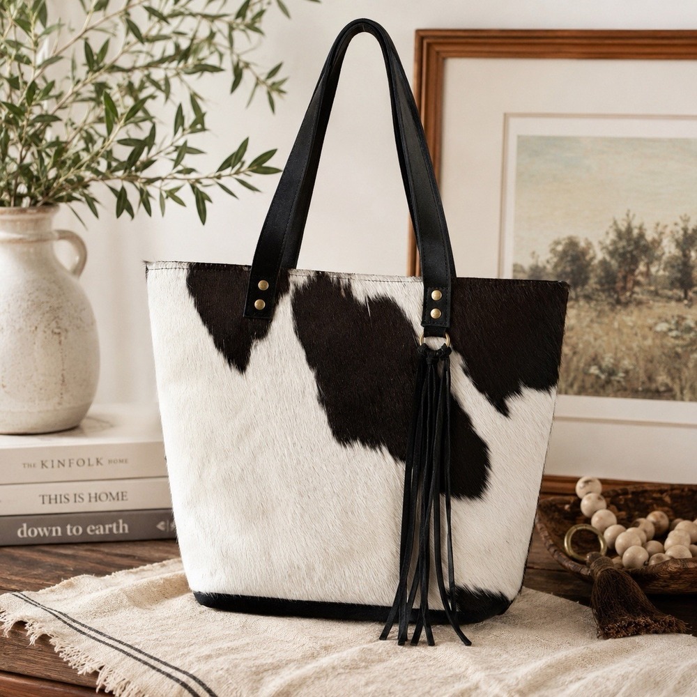 Fabulous MJ New York Cowhide Hair-On Leather Tote Bag Black White Tassel